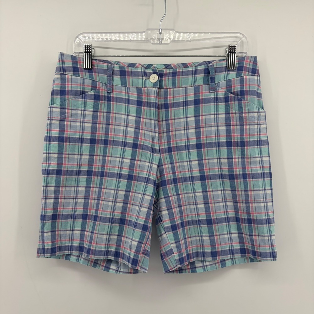 Talbots Womens 6 Blue Plaid Shorts Cotton Stretch Mid Rise Madras Preppy 7in